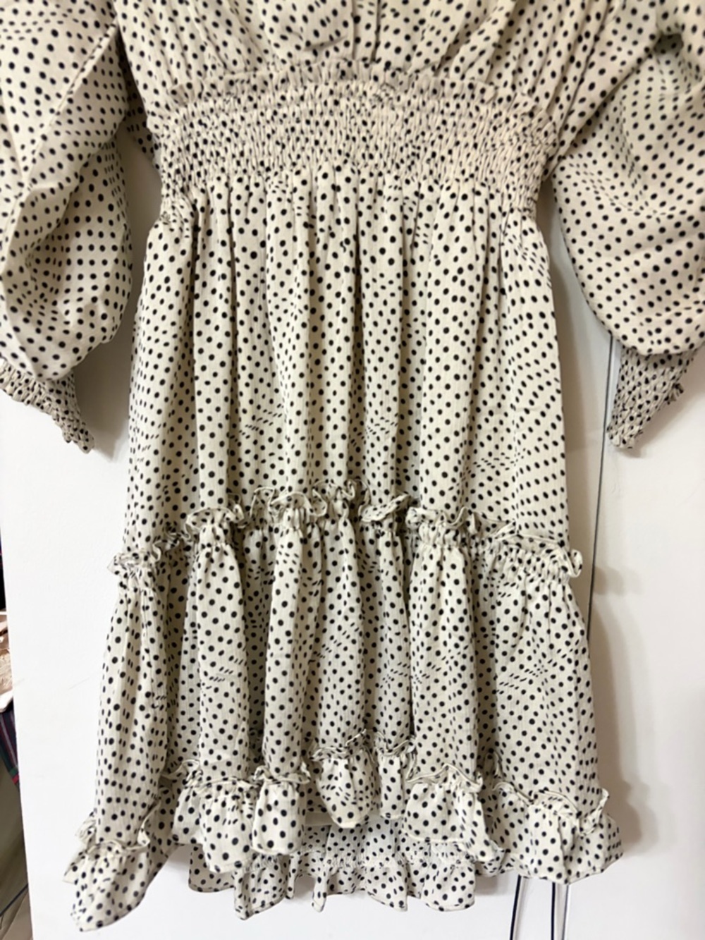 lovestitch Cream Polka Dot Long Sleeve Smocked Mini Dress - Picture 4 of 7